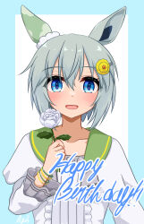 1girl absurdres animal_ears blue_border blue_eyes blush border choker commentary_request ear_covers flower frilled_shirt frills green_sailor_collar hair_flower hair_ornament hairclip happy_birthday highres horse_ears horse_girl layered_shirt layered_sleeves lexis_yayoi long_sleeves looking_at_viewer open_mouth red_choker rose sailor_collar seiun_sky_(umamusume) shirt short_hair simple_background single_ear_cover smile solo sunflower sunflower_hair_ornament umamusume upper_body white_background white_flower white_rose white_shirt