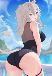1girl :d ahoge animal_ears arabiki50 ass black_one-piece_swimsuit blue_sky breasts cloud cowboy_shot day fang from_behind grey_eyes grey_hair highres hololive large_breasts lion_ears lion_girl lion_tail looking_at_viewer looking_back one-piece_swimsuit open_mouth outdoors railing shishiro_botan sky smile solo swimsuit tail thigh_strap virtual_youtuber