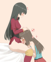 Rule 34 | 1futa, 1girl, azumanishiki, black hair, blue shirt, blush, breasts, brown eyes, brown hair, clothed sex, fellatio, futa with female, futanari, gym leader, hand on another&#039;s head, heart, jacket, leaf (pokemon), long sleeves, looking at another, medium breasts, nintendo, no pants, oral, pokemon, pokemon frlg, red eyes, red jacket, red skirt, sabrina (pokemon), shirt, skirt, sleeveless, sleeveless shirt, turtleneck, turtleneck jacket