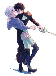 Rule 34 | 2boys, absurdres, arm around waist, black footwear, black hair, blue eyes, boots, cross, cross necklace, curly hair, expressionless, eye contact, foil (fencing), full body, grey shirt, hand on another&#039;s hip, highres, holding, holding weapon, jaemin107, jewelry, long sleeves, looking at another, male focus, multiple boys, necklace, nun, original, pants, purple eyes, shirt, short hair, simple background, surprised, traditional nun, weapon, white background, white hair, white pants