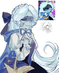 1girl basket blue_dress blush cookie cookie_run dress evil_grin evil_smile food grin heterochromia holding holding_basket looking_at_viewer multiple_girls shaded_face shadow_milk_cookie shadow_milk_cookie_(female) slit_pupils smile solo zun_(zunaki)