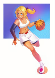 1girl abs ball basketball_(object) basketball_shorts basketball_uniform blonde_hair breasts catherine_(fire_emblem) cleavage crop_top dark-skinned_female dark_skin eili_enie fire_emblem fire_emblem:_three_houses full_body grin highres looking_at_viewer medium_breasts muscular muscular_female nintendo ponytail short_hair shorts smile sportswear white_shorts