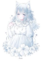 1girl animal_ear_fluff animal_ears blush bow cat_ears commentary_request cropped_torso dress eyelashes eyes_visible_through_hair feathered_wings flower grey_eyes grey_hair grey_ribbon hair_bow highres jewelry juliet_sleeves long_sleeves medium_hair neck_ribbon original parted_lips puffy_sleeves ribbon ring simple_background sleeve_ribbon solo tareme ting_(tingiiio) white_background white_bow white_dress white_flower white_ribbon wings