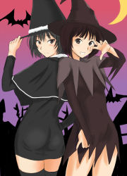 2girls adjusting_clothes adjusting_headwear amagami ass bat_(animal) black_eyes black_hair black_legwear capelet dress halloween hat moon multiple_girls murasaki_iro nanasaki_ai short_hair smile tachibana_miya thighhighs v witch_hat