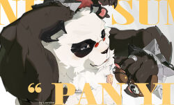 1boy animal_ears arm_up armpits artist_name bara biceps black_fur bracelet character_name claws commentary english_commentary furry furry_male gourd holding holding_gourd jewelry luerstine male_focus multicolored_fur open_mouth pan_yinhu panda_boy panda_ears pawpads pectorals plump round_eyewear spiked_bracelet spikes topless_male white_background white_fur zenless_zone_zero