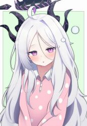 ahoge black_halo blue_archive blush commentary_request demon_girl demon_horns flat_chest halo hina_(blue_archive) hina_(pajamas)_(blue_archive) horns iggy@cafe long_hair looking_at_viewer pajamas pink_pajamas purple_eyes simple_background sleepy white_hair