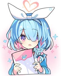 1girl arona_(blue_archive) blue_archive blue_hair blue_shirt blush bow_hairband braid choker clipboard commentary cropped_torso hair_over_one_eye hairband halo heart heart_halo highres holding holding_clipboard long_hair long_sleeves looking_at_viewer multicolored_hair open_mouth pink_hair purple_eyes sailor_collar shirocha_tei shirt single_braid solo sweatdrop twitter_username two-tone_hair white_background white_choker white_hairband white_sailor_collar
