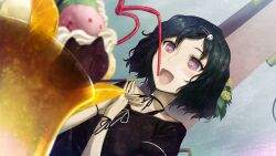 1boy black_hair black_ribbon black_shirt blurry blurry_foreground blush bob_cut bouquet bracelet casual cat-shaped_food chocolate choker collarbone cream dessert drinking_straw dutch_angle flower food fruit game_cg goth_fashion hair_ornament hairclip happy highres huke ice_cream jewelry leaf lemon lemon_slice looking_at_food multiple_scoops non-web_source official_art open_mouth own_hands_clasped own_hands_together parfait pink_eyes pink_lips puffy_short_sleeves puffy_sleeves ribbon ribbon_choker ringed_eyes shiny_lips shirt short_sleeves skull_hair_ornament solo square_pupils steins;gate steins;gate:_my_darling&#039;s_embrace strawberry sundae surprised tank_top tongue trap urushibara_ruka whipped_cream white_ribbon white_stripes
