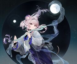 animal_ears arknights character_request chinese_clothes highres looking_at_viewer mauve_eyes mauve_hair moon mouse_ears mouse_girl mouse_tail multicolored_hair night night_sky shawl sky star_(sky) tail yyb