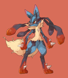 closed_mouth creatures_(company) full_body furry game_freak gen_4_pokemon highres long_hair lucario markings mega_lucario mega_pokemon multicolored_fur nintendo pokemon pokemon_(creature) red_background red_eyes sidelocks simple_background solo spikes standing tail towa_(clonea)