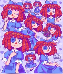 1girl artist_name blue_bow blue_dress bouquet bow button_eyes buttons curtsey dress flower hair_bow hand_up heart highres holding holding_bouquet index_finger_raised multiple_views patch peppermelli purple_background ragatha_(the_amazing_digital_circus) red_hair short_sleeves simple_background the_amazing_digital_circus triangle_nose