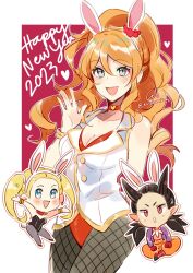 1boy 2girls animal_ears black_hair black_horns black_pantyhose blazer blonde_hair blue_eyes bracelet breasts chibi chinese_zodiac choker coll_(erichankun) commentary cowboy_shot dragon_quest dragon_quest_builders_2 english_text fake_animal_ears fake_tail female_builder_(dqb2) fishnet_pantyhose fishnets grey_eyes grey_pantyhose happy_new_year heart heart_choker highres horns jacket jewelry leotard looking_at_viewer low_twintails medium_breasts mini_person miniboy minigirl multiple_girls new_year oni_horns open_mouth orange_hair outstretched_arms pantyhose pero_(dqb2) playboy_bunny pointy_ears rabbit_ears rabbit_tail red_choker red_eyes red_leotard sidoh_(dqb2) sitting sleeveless sleeveless_jacket smile spread_arms standing strapless strapless_leotard tail twintails twitter_username waving white_jacket year_of_the_rabbit