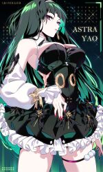 1girl absurdres aer007580 astra_yao astra_yao_(chandelier) bare_shoulders black_dress black_hair breasts character_name collar commentary cowboy_shot detached_sleeves dress earrings english_commentary fingernails hair_spread_out highres jewelry large_breasts long_hair looking_at_viewer nail_polish official_alternate_costume parted_lips pink_eyes pink_nails solo very_long_hair white_collar zenless_zone_zero