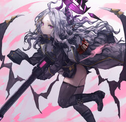 1girl ahoge ass black_gloves black_halo black_horns black_thighhighs blue_archive boots coat coat_on_shoulders demon_girl demon_horns demon_wings forehead gloves gun hair_ornament hairclip halo highres hina_(blue_archive) holding holding_gun holding_weapon horns loli long_hair low_wings machine_gun mg42 multiple_horns parted_bangs purple_eyes purple_wings solo sterben thighhighs very_long_hair weapon white_hair wings