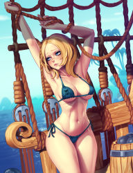 1girl absurdres armpits arms_up barrel bikini blonde_hair blue_bikini blue_eyes blue_ribbon blush breasts cannonball cleavage closed_mouth collarbone copyright_request cowboy_shot day female_focus forehead highres lips looking_away looking_to_the_side medium_breasts micro_bikini nail_polish navel nikichen ocean outdoors palm_tree pink_nails print_bikini ribbon rope shade ship side-tie_bikini_bottom skull_print solo sparkle standing stomach swimsuit thighs toned tree underboob water watercraft wood