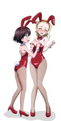 2girls absurdres animal_ears ass blonde_hair blush bow bowtie breasts brown_eyes brown_hair cleavage closed_eyes fake_animal_ears fake_tail fishnet_pantyhose fishnets girls_und_panzer grabbing_another&#039;s_breast groping high_heels highres isobe_noriko key_(gaigaigai123) large_breasts leotard long_hair looking_at_another multiple_girls open_mouth pantyhose playboy_bunny rabbit_ears rabbit_tail red_bow red_bowtie red_leotard sasaki_akebi simple_background small_breasts tail white_background yuri