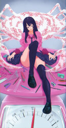 1girl absurdres bakemonogatari black_hair black_shoes blue_necktie blue_skirt closed_mouth full_body gluteal_fold highres juliet_sleeves kitchen_scale knee_up legs lips loafers long_hair long_sleeves looking_at_viewer monogatari_(series) naoetsu_high_school_uniform necktie pink_shirt pleated_skirt puffy_sleeves purple_eyes purple_skirt school_uniform senjougahara_hitagi shirt shoes shyiek_art sitting skirt solo thighs weighing_scale
