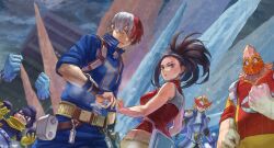 2girls 4boys absurdres angry aoyama_yuuga armor black_bodysuit black_hair blonde_hair blue_gloves blue_pants blue_shirt bodysuit boku_no_hero_academia clenched_hand clenched_teeth commentary_request gloves hagakure_toru highres ice koda_koji looking_at_viewer mask mineta_minoru multicolored_hair multiple_boys multiple_girls pants rain red_hair red_shirt shirt superhero_costume teeth todoroki_shoto white_hair yaoyorozu_momo yellow_pants yomoyama_yotabanashi
