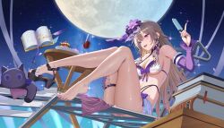 1girl :d absurdres alternate_costume armpits bare_shoulders barefoot bikini blush breasts brown_hair commission dawn02 detached_sleeves feet full_body hair_ornament herta_(honkai:_star_rail) highres honkai:_star_rail honkai_(series) large_breasts long_hair long_sleeves nail_polish open_mouth purple_eyes purple_nails sitting smile solo swimsuit the_herta_(honkai:_star_rail) thigh_strap thighs toenail_polish toenails toes underboob