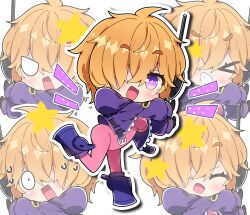 Rule 34 | &gt; &lt;, 1girl, :d, blank eyes, blush, bodysuit, boots, chibi, chibi only, closed eyes, commentary, fang, grin, hair over one eye, highres, hood, hood down, hooded jacket, jacket, long sleeves, milkpanda, multiple views, one piece, open clothes, open jacket, open mouth, orange hair, outline, pink bodysuit, purple boots, purple eyes, purple jacket, short hair, skin fang, smile, star (symbol), v-shaped eyes, vegapunk lilith, wavy mouth, white outline