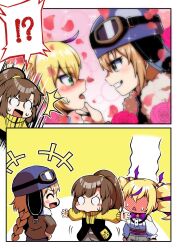 Rule 34 | !?, 3girls, black jacket, blonde hair, blue helmet, blush, braid, braided ponytail, brown hair, chibi, digimon, digimon card game, digimon liberator, diti (selecta), drill hair, flower, full-face blush, goggles, goggles on head, goggles on headwear, helmet, high ponytail, highres, jacket, kinosaki arisa, kinosaki mirai, long hair, multicolored hair, multiple girls, official alternate costume, pink background, ponytail, pout, profile, purple hair, red flower, red petals, red rose, rose, shirt, simple background, speech bubble, streaked hair, surprised, twin drills, two-tone hair, violet inboots, white shirt, yellow background, yellow jacket, yuri