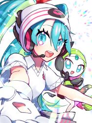 aqua_eyes aqua_hair beanie black_dress blush collared_shirt crossover dress gen_5_pokemon gloves green_hair grey_skirt hair_between_eyes hat hatsune_miku headphones highres legendary_pokemon long_hair looking_at_viewer meloetta mythical_pokemon nenden_(user_ujdp8383) nintendo official_alternate_costume official_alternate_hairstyle open_mouth poke_ball_print pokemon pokemon_(creature) project_voltage psychic_miku_(project_voltage) reaching reaching_towards_viewer shirt short_sleeves skirt smile twintails very_long_hair vocaloid white_gloves white_shirt