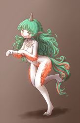 1girl :3 animal_ears arinu breasts brown_background curly_hair fang female_focus full_body furry furry_female green_eyes green_hair green_nails highres horns komano_aunn large_breasts leg_up long_hair looking_at_viewer nail_polish nude paw_pose red_hair sharp_toenails simple_background single_horn smile solo standing standing_on_one_leg tail toenail_polish toenails touhou very_long_hair