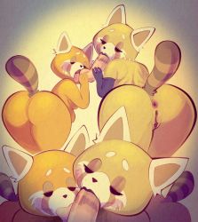 1boy 2girls aggressive_retsuko animal_nose anus ass black_gloves elbow_gloves fellatio from_behind furry furry_female gloves half-closed_eyes jewelry multiple_girls multiple_views necklace open_mouth oral pearl_necklace penis pov pov_crotch pussy red_panda red_panda_ears red_panda_girl red_panda_tail retsuko retsuko&#039;s_mother standing thighs tongue tongue_out xu53r
