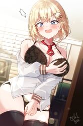 Rule 34 | 1girl, absurdres, black bra, black panties, black thighhighs, blonde hair, blue eyes, blush, bob cut, bra, breasts, collarbone, commentary request, commission, covering breasts, covering crotch, covering privates, embarrassed, hair ornament, highres, hololive, hololive english, lace, lace-trimmed bra, lace-trimmed panties, lace trim, large breasts, looking at viewer, medium hair, necktie, open mouth, panties, red necktie, shirt, solo, sweatdrop, thighhighs, todalbok106, unbuttoned, unbuttoned shirt, underwear, virtual youtuber, watson amelia, watson amelia (1st costume), white shirt
