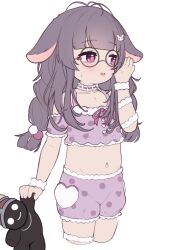 1girl absurdres animal_ears averting_eyes bags_under_eyes blush braid child choker crybabyglo fallenshadow fallenshadow_(pajamas) flat_chest frilled_choker frilled_shirt frilled_shorts frilled_wristband frills glasses hair_ornament hairpin hand_on_own_face hand_up heart_ornament highres holding holding_stuffed_toy indie_virtual_youtuber lop_rabbit_ears low_twin_braids navel official_alternate_costume official_alternate_hairstyle pajamas pink_eyes pink_pajamas purple_hair rabbit_ears rabbit_hair_ornament ribbon round_eyewear shirt shorts simple_background stuffed_toy triple_ahoge twin_braids virtual_youtuber white_background