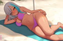 1girl arm_behind_head arm_tattoo arm_up barefoot beach beach_towel beach_umbrella bikini blue_hair blush breasts cleavage dark_skin grin hair_ornament kuroonehalf large_breasts long_hair looking_at_viewer lying multicolored_hair navel original pink_bikini polka_dot polka_dot_bikini sand shadow shoulder_tattoo smile streaked_hair swimsuit tattoo teeth towel umbrella white_hair yellow_eyes