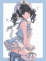 1girl animal_ears bare_shoulders bell black_hair blue_boots blue_border blue_ribbon blue_shirt blush boots border bow bowtie cat_ears cat_girl cat_tail closed_mouth commentary feet_out_of_frame frilled_skirt frills grid_background hair_ribbon hat heart highres lace-up_boots looking_at_viewer medium_hair original outside_border pixel_art ribbon ribbon-trimmed_thighhighs ribbon_trim sailor_collar sailor_hat shirt shusi_(6muuu3) skirt sleeveless sleeveless_shirt smile solo tail tail_bell tail_ornament tail_ribbon thighhighs twintails white_background white_bow white_bowtie white_hat white_ribbon white_sailor_collar white_skirt white_thighhighs