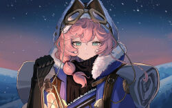 Rule 34 | 1girl, :|, aqua eyes, backpack, bag, black gloves, black sweater, brown hat, closed mouth, coat, eyewear strap, fur-trimmed headwear, fur trim, gloves, goggles, goggles on headwear, gradient sky, hand up, hat, holding, holding lantern, jiaolu chongzu, lantern, long braid, looking at viewer, nautika (reverse:1999), night, night sky, outdoors, pink hair, purple coat, reverse:1999, sky, snowing, solo, sweater, upper body