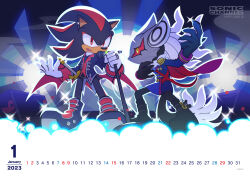 2023 2boys absurdres archived_source black_shoes copyright_notice full_body furry furry_male gloves hedgehog_boy highres infinite_(sonic) january logo male_focus multiple_boys official_art open_mouth red_eyes sega shadow_the_hedgehog shirt shoes sonic_(series) sonic_channel standing watermark web_address white_gloves