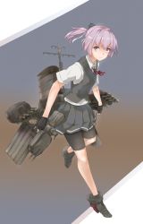 Rule 34 | 1girl, bike shorts, black gloves, blue eyes, commentary, female focus, fingerless gloves, full body, gloves, grey skirt, grey vest, hair ribbon, kantai collection, looking at viewer, neck ribbon, pink hair, pleated skirt, ponytail, red ribbon, ribbon, rudder footwear, school uniform, shiranui (kancolle), shiranui kai ni (kancolle), shirt, short hair, short sleeves, shorts, shorts under skirt, skirt, solo, vest, white ribbon, white shirt, yamaioni (sasakama)