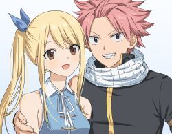 Rule 34 | 1boy, 1girl, :d, bare shoulders, black eyes, black shirt, blonde hair, blue background, blue ribbon, blue shirt, blush, brown eyes, collared shirt, commentary request, couple, earrings, eyelashes, eyes visible through hair, fairy tail, fang, grin, hair between eyes, hair ribbon, hand on another&#039;s shoulder, happy, hetero, jewelry, korean commentary, long hair, looking at viewer, lucy heartfilia, natsu dragneel, neck ribbon, open mouth, pink hair, ribbon, saang2cm, scarf, shirt, short hair, short sleeves, side ponytail, sidelocks, simple background, sleeveless, sleeveless shirt, smile, spiked hair, star (symbol), star earrings, straight hair, tareme, tsurime, upper body, v-shaped eyebrows, white ribbon, white scarf