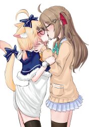 2girls ahoge animal_ear_fluff animal_ears bell black_thighhighs blonde_hair blue_bow blue_capelet blue_skirt blush bow bowtie brown_cardigan brown_hair capelet cardigan cat_ears cat_girl closed_eyes french_kiss fur-trimmed_capelet fur_trim glasses green_bow green_bowtie hair_bow hair_ornament hair_ribbon hairclip head_grab heart heart_hair_ornament indie_virtual_youtuber kiss long_hair low_twintails medium_hair minikomew multicolored_hair multiple_girls neuro-sama oversized_clothes oversized_shirt pleated_skirt pom_pom_(clothes) ribbon ritspi shirt simple_background skirt t-shirt tail tail_bow tail_ornament thighhighs twintails white_background white_shirt yuri
