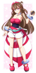 +_+ 1girl bare_shoulders blue_anklet blue_eyes blush bracelet breasts brown_hair cleavage closed_mouth cosplay crossover eyelashes floral_background flower flower-shaped_pupils hair_ornament hairband hisuian_poke_ball holding holding_poke_ball irida_(pokemon) irida_(pokemon)_(cosplay) japanese_clothes jewelry knees large_breasts long_hair looking_at_viewer multicolored_hair neck_ring nintendo pink_background poke_ball pokemon pokemon_legends:_arceus red_footwear red_hair red_hairband red_shirt sash senran_kagura senran_kagura_new_link shirt short_shorts short_sidetail shorts side_ponytail smile solo strapless strapless_shirt streaked_hair symbol-shaped_pupils toki_(senran_kagura) ultra_ball waist_cape white_flower white_shorts zetsumu