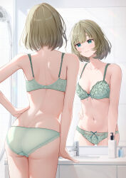 1girl absurdres ass blush bra breasts cleavage collarbone commentary_request commission dimples_of_venus fujinomiya_rio green_bra green_hair green_panties hand_on_own_hip highres idolmaster idolmaster_cinderella_girls indoors light_smile lingerie median_furrow medium_breasts mirror mole mole_under_eye navel panties reflection revision ribbon-trimmed_bra ribbon-trimmed_panties ribbon_trim short_hair shoulder_blades shower_head sink skeb_commission stomach takagaki_kaede underwear underwear_only