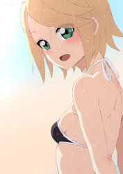 1girl back bikini black_bikini blonde_hair blush bow_hairband breasts green_eyes hairband highres kagamine_rin looking_at_viewer looking_back micro_bikini open_mouth parted_bangs shin&#039;ya_(shin&#039;yanchi) short_hair sideboob solo swimsuit upper_body vocaloid wet white_hairband