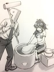 1boy 1girl belt blush bowl closed_mouth collar collared_shirt dot_nose dress_pants dress_shoes eyelashes food formal_clothes full_body greyscale hair_between_eyes hair_ribbon highres holding idolmaster idolmaster_million_live! idolmaster_million_live!_theater_days kine lesson_wear_(idolmaster_million_live!) light_smile long_hair looking_at_object mallet matcha_kingyo mochi mochitsuki monochrome mortar_(bowl) p-head_producer pants parted_bangs ponytail producer_(idolmaster) ribbon satake_minako shadow shirt short_sleeves sidelocks simple_background sitting sleeves_rolled_up sparkle standing suit t-shirt water white_collar