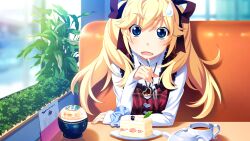 1girl arm_rest black_ribbon blonde_hair blue_eyes blue_scrunchie blush booth_seating cake comedic_sweatdrop cup day dress elbow_rest eyeliner fang food fork game_cg grisaia_(series) grisaia_no_meikyuu hair_ribbon heart heart_necklace holding holding_fork indoors jewelry large_variant_set long_hair long_sleeves looking_at_viewer makeup menu necklace non-web_source on_chair open_mouth plaid_clothes plaid_dress plant plate red_dress red_eyeliner restaurant ribbon scrunchie shirt sitting sleeveless sleeveless_dress sleeves_past_wrists solo strawberry_cake table tea teacup teapot turtleneck turtleneck_shirt twintails variant_set watanabe_akio white_shirt wind wrist_scrunchie