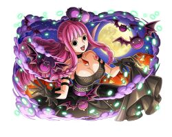 1girl animal bat_(animal) breasts cleavage crown full_moon goth_fashion gothic_lolita halloween halloween_costume jack-o&#039;-lantern large_breasts lolita_fashion long_hair moon night night_sky official_art one_piece one_piece_treasure_cruise open_mouth outdoors perona pink_hair purple_crown sky