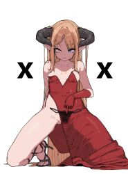 1girl bare_shoulders black_panties blonde_hair breasts collarbone covered_navel demon_girl demon_horns dress full_body gloves happening18 heterochromia high_heels highres horns long_hair looking_at_viewer open_mouth original panties pointy_ears rail_a red_dress red_gloves simple_background solo underwear white_background