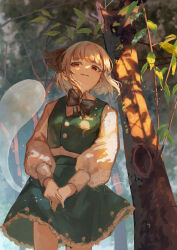 1girl absurdres adversarial_noise black_bow black_bowtie black_hairband bow bowtie collared_shirt commentary_request from_below green_skirt green_vest grey_hair hairband highres hitodama hitodama_print konpaku_youmu konpaku_youmu_(ghost) kyanonpan50 long_sleeves medium_hair open_mouth outdoors own_hands_together red_eyes shirt skirt skirt_set smile solo touhou tree vest watermark white_shirt