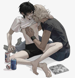 2boys bandage_on_cheek bandage_on_nose bangle bare_legs bare_pectorals barefoot black-framed_eyewear black_hair black_pants black_shirt black_shorts blush book bracelet clothes_pull couple covered_eyes flipchers flipped_hair full_body glasses grey_socks hand_on_another&#039;s_back hand_on_another&#039;s_chest head_on_another&#039;s_shoulder jewelry knees_apart_feet_together lower_teeth_only male_focus multiple_boys muted_color nervous_sweating nipples open_book open_mouth original pants pectorals rectangular_eyewear shadow shirt shirt_pull short_hair short_sleeves shorts simple_background sitting socks sparse_leg_hair sweat t-shirt teeth white_background white_shirt yaoi