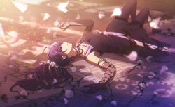 1girl arm_at_side armpit_crease asahina_mafuyu bare_shoulders bead_necklace beads black_shoes black_veil blue_eyes blurry bokeh bud carnation carnation_recollection_(project_sekai) choker collarbone colorful_palette depth_of_field dress dress_flower elbow_gloves facing_up falling_petals floor floral_print flower frilled_choker frilled_dress frills from_side full_body gears gloves hair_between_eyes hair_flower hair_ornament hair_ribbon hair_spread_out half-closed_eyes hand_up high_heels highres index_finger_raised jewelry knees_up lace lace-trimmed_gloves lace_trim layered_dress leaf light_particles light_smile limited_palette long_hair looking_up lying necklace official_alternate_costume official_art on_back on_floor pantyhose parted_lips petals plant pleated_dress ponytail profile project_sekai pumps purple_dress purple_gloves purple_hair purple_pantyhose purple_theme ribbon shade shadow shoes sidelighting sidelocks silver_trim sleeveless sleeveless_dress solo third-party_source veil vines wavy_hair white_carnation white_choker white_flower white_petals