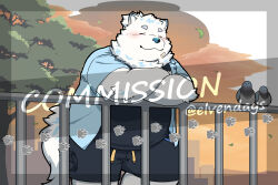 1boy animal_ears artist_name belly bird black_shirt black_shorts blue_shirt blush closed_eyes closed_mouth commentary dog_boy dog_ears dog_nose dog_tail elvendays english_commentary fat furry furry_male highres live_a_hero looking_to_the_side male_focus open_clothes open_shirt paw_print plump shirt shorts smile tail tree twitter_username watermark white_fur yohack