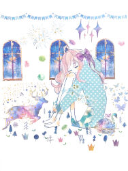 1girl abstract ahoge aqua_shirt bare_legs barefoot beamed_eighth_notes beamed_sixteenth_notes bird bow bug bunting butterfly cathinthecloud closed_eyes closed_mouth commentary deer english_commentary english_text eyelashes facing_down food full_body hair_bow highres hugging_own_legs insect knees_up long_hair long_sidelocks macaron masking_tape_(medium) mixed_media musical_note musical_staff original parted_bangs pink_hair polka_dot polka_dot_shirt purple_bow quarter_note shirt sidelocks signature sitting sparkle swan traditional_media treble_clef unconventional_media wavy_hair white_background window