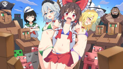 4girls alternate_costume alternate_headwear_color anchor_symbol arms_behind_back bikini bikini_under_clothes bikini_under_skirt black_hat black_headdress blonde_hair blue_bikini blue_eyes blue_sky blush bow braid breasts brown_hair character_request closed_eyes closed_mouth cloud commentary_request crossed_arms crossover detached_sleeves e.o. frilled_bow frilled_hair_tubes frills green_bikini green_sailor_collar grey_hair hair_bow hair_tubes hakurei_reimu hat hat_bow highres izayoi_sakuya kirisame_marisa long_hair maid_headdress minecraft multiple_girls murasa_minamitsu navel neckerchief open_mouth orange_eyes outdoors pig_(minecraft) pirate_hat puffy_short_sleeves puffy_sleeves purple_bikini red_bow red_eyes red_neckerchief red_skirt restrained ribbon-trimmed_sleeves ribbon_trim sailor_collar sailor_hat sailor_shirt shirt short_sleeves side_braid single_braid skirt sky smile stomach sweatdrop swimsuit torn_clothes torn_skirt touhou twin_braids villager_(minecraft) white_hat white_shirt witch_hat